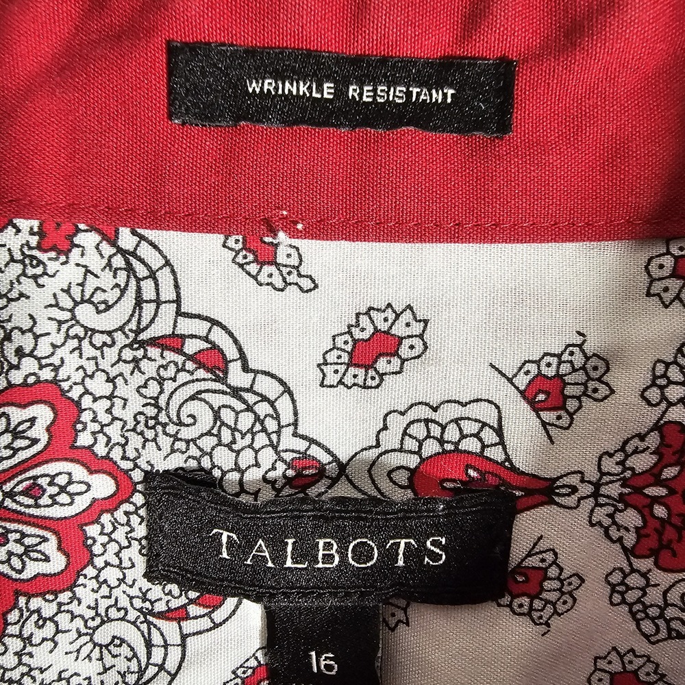 Talbots Shirt Womens 16 White Red Paisley‎ Floral Button Up Long Sleeve Stretch - Picture 3 of 7